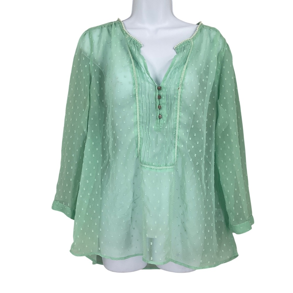 Bila Blouse Womens L Mint Green Swiss Dot Sheer Boho Chic Pastel Airy Ethereal